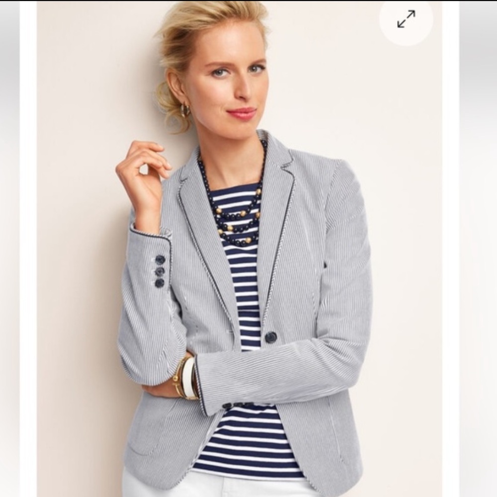 Women's Talbots Blazer / Blue & White Striped Piped Blazer / Size 12